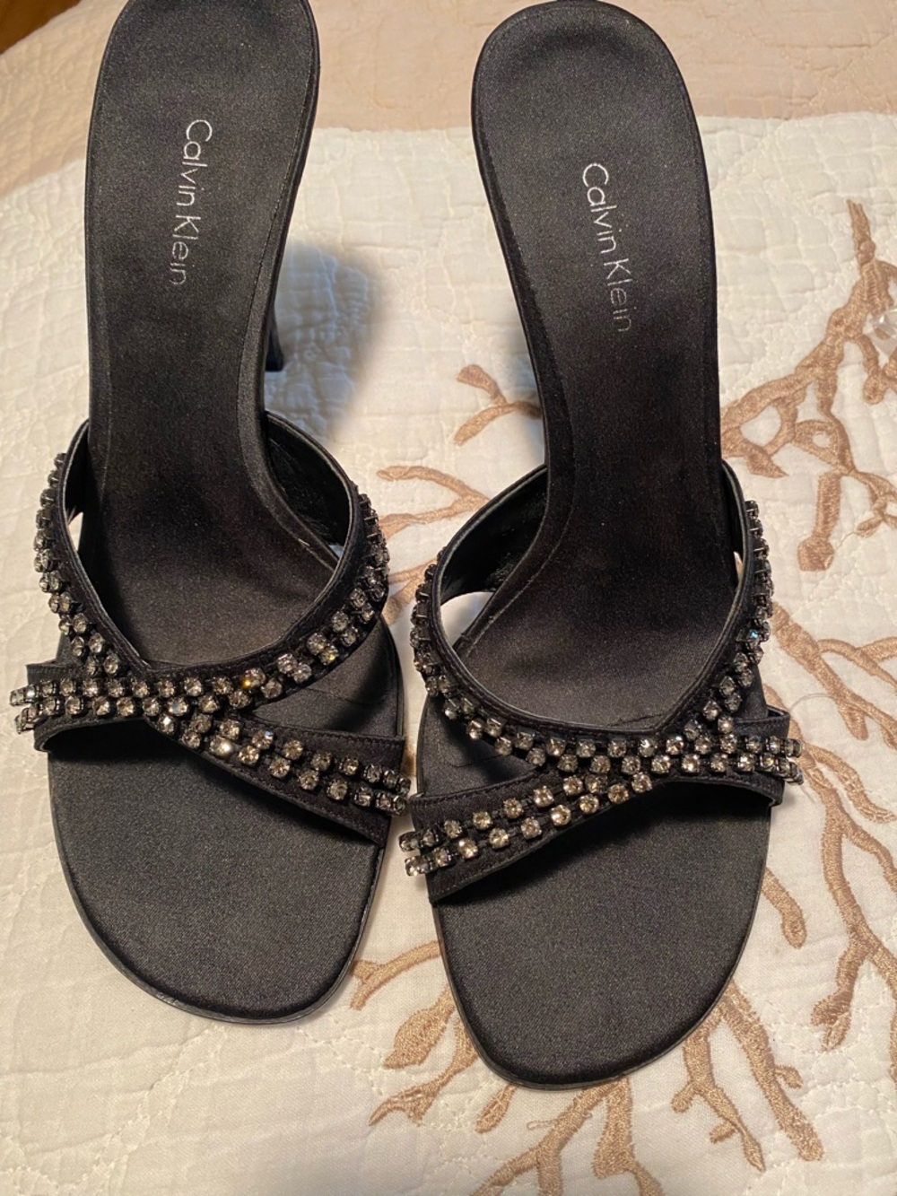 Calvin Klein Black Crystal-Strap Women's Heeled Mules